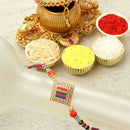 Enamelled Mor Pankh Red Enamelled Kundan & Kids Rakhi Bracelet Set of 5