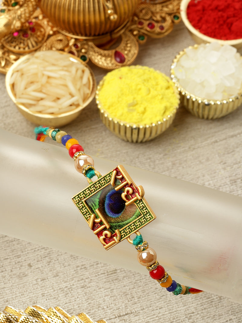 Traditional Peacock Design Artificial Beads Studded Radhe Radhe Embossed Rakhi