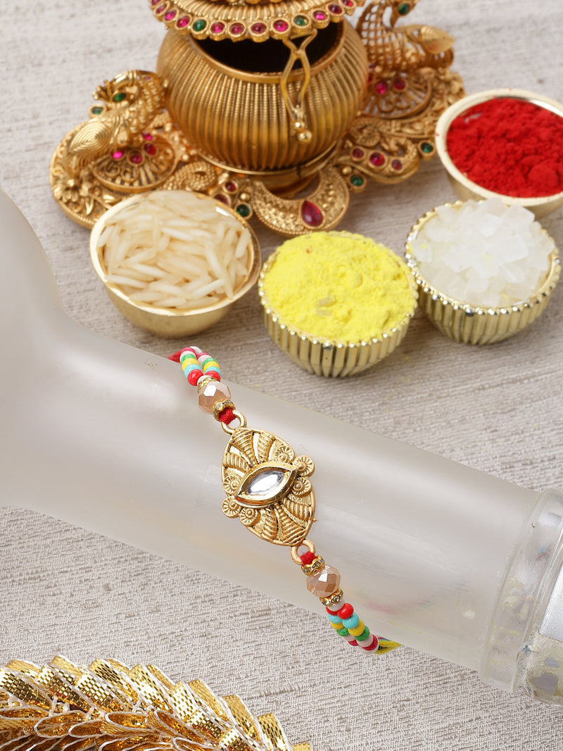 Gold Plated Kundan & Beads Studded Rakhi