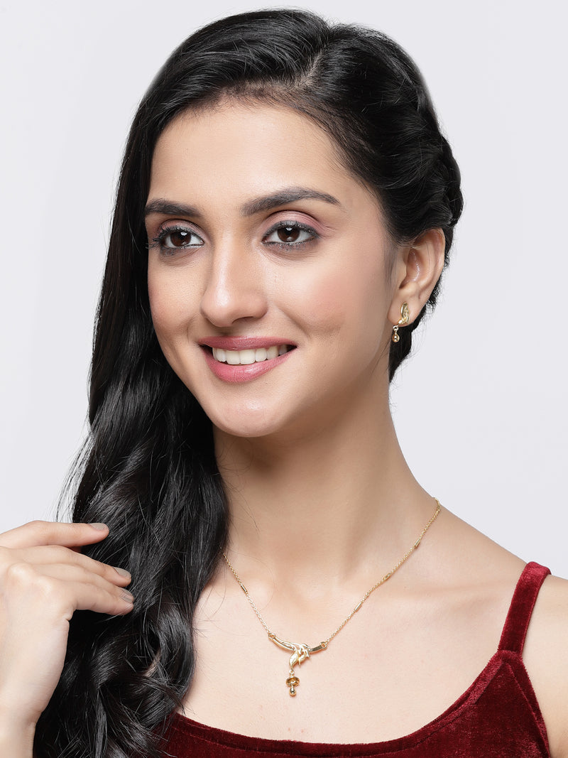 Gold-Plated Leafy Design Mangalsutra with Earrings