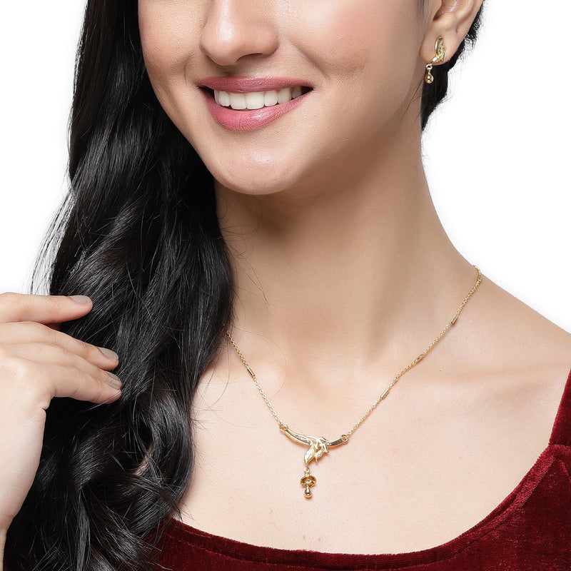 Gold-Plated Leafy Design Mangalsutra with Earrings