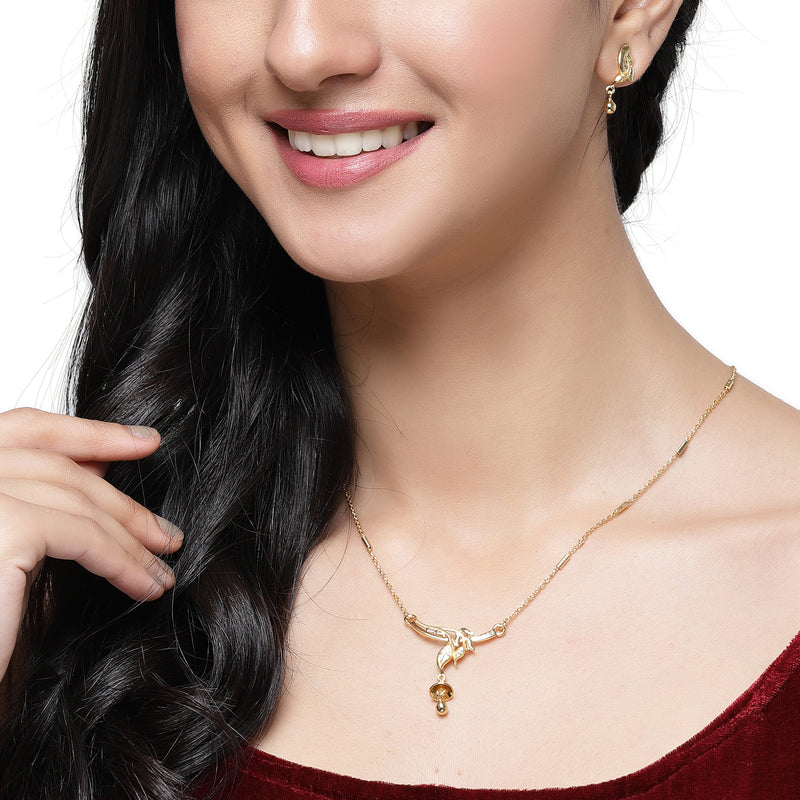 Gold-Plated Leafy Design Mangalsutra with Earrings