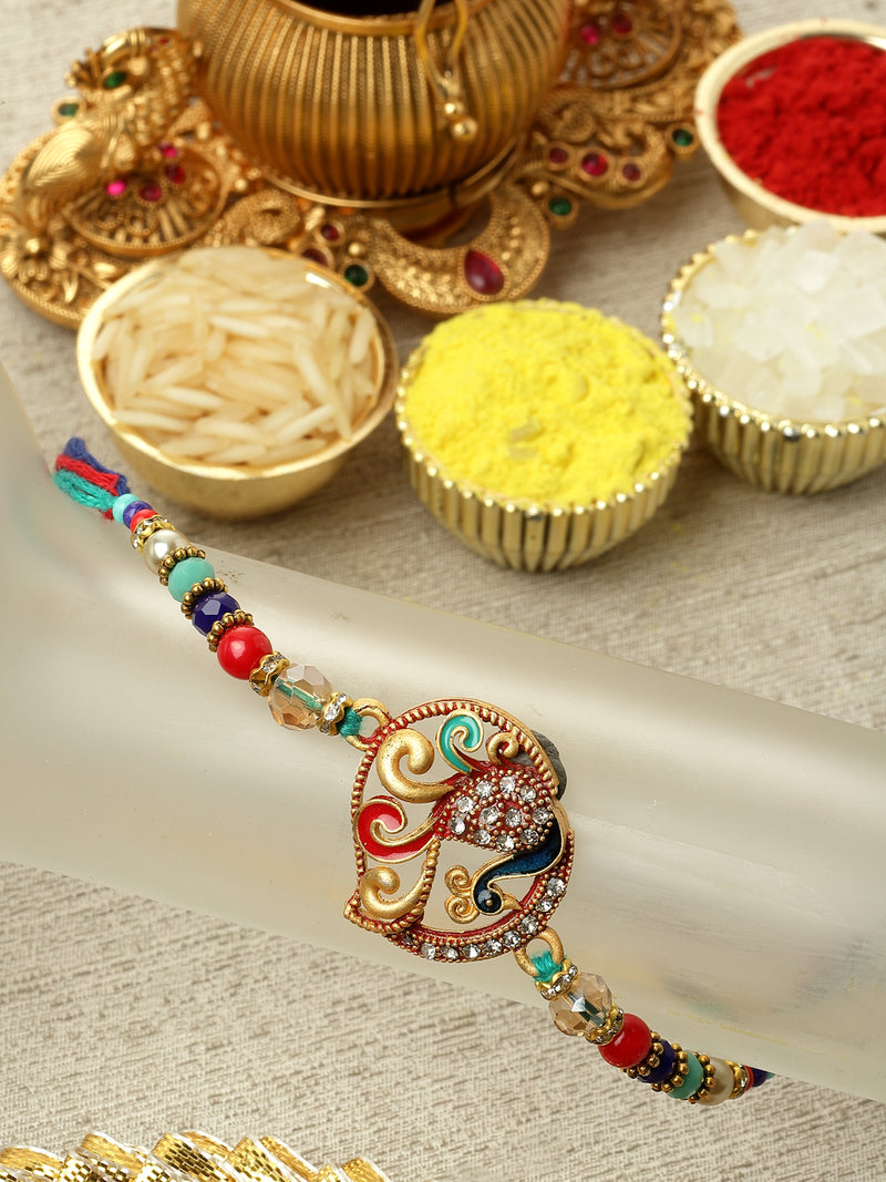 Traditional Gold Toned Gold Plated  Peacock Design Multicolor Stones & beads Studded Rakhi