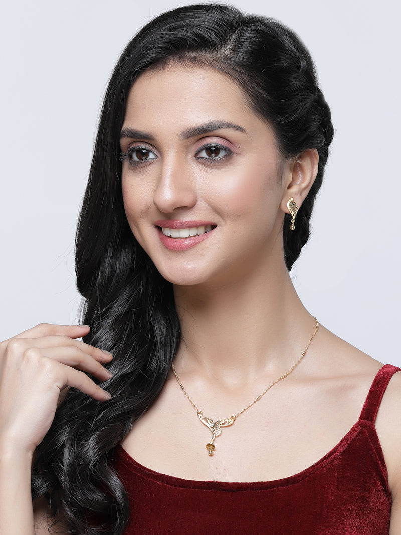 Gold-Plated Reticulated Leafy Design Mangalsutra with Earrings