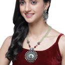 Oxidised Silver-Plated Lime Green Stone Studded & Beaded Antique Matte God Krishna Jewellery Set