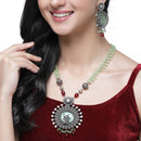 Oxidised Silver-Plated Lime Green Stone Studded & Beaded Antique Matte God Krishna Jewellery Set