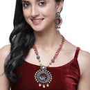 Oxidised Silver-Plated Red Stone Studded & Beaded Antique Matte God Krishna Jewellery Set