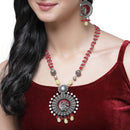 Oxidised Silver-Plated Red Stone Studded & Beaded Antique Matte God Krishna Jewellery Set