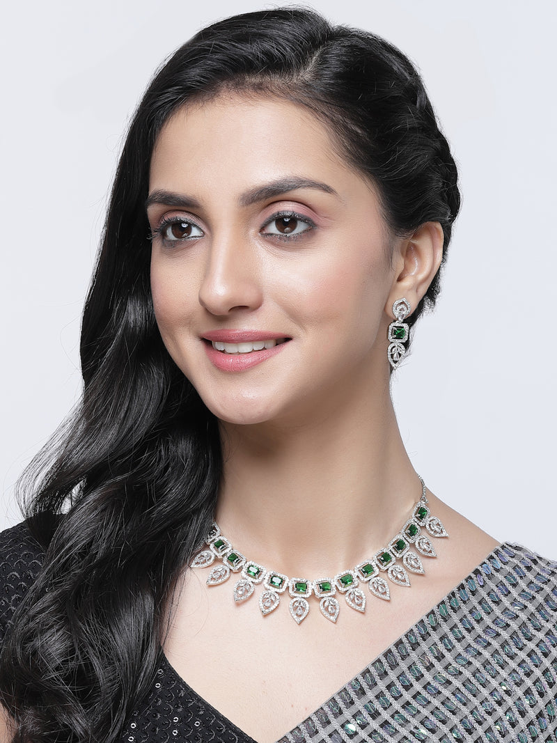 Rhodium-Plated Green American Diamond Studded Leaf Shaped Necklace with Earrings Jewellery Set