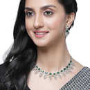 Rhodium-Plated Green American Diamond Studded Leaf Shaped Necklace with Earrings Jewellery Set