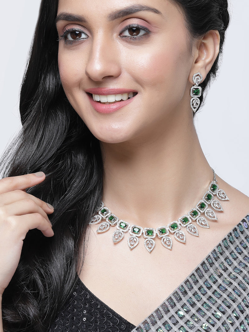 Rhodium-Plated Green American Diamond Studded Leaf Shaped Necklace with Earrings Jewellery Set