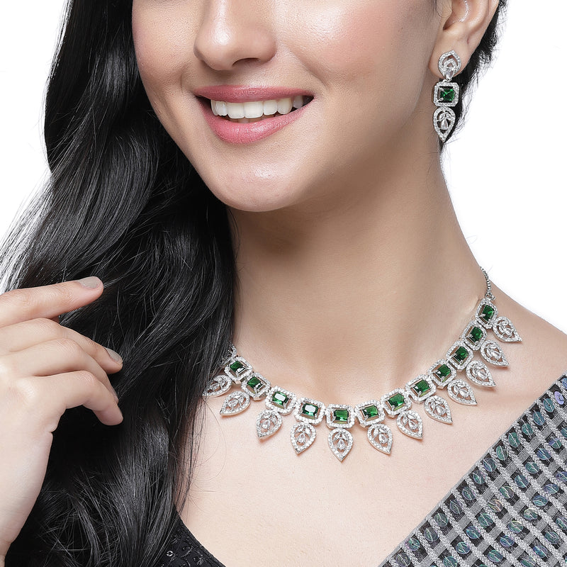 Rhodium-Plated Green American Diamond Studded Leaf Shaped Necklace with Earrings Jewellery Set
