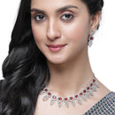 Rhodium-Plated Red American Diamond Studded Leaf Shaped Necklace with Earrings Jewellery Set