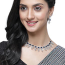 Rhodium-Plated Navy Blue American Diamond Studded Leaf Shaped Necklace with Earring Jewellery Set