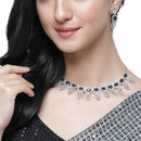 Rhodium-Plated Navy Blue American Diamond Studded Leaf Shaped Necklace with Earring Jewellery Set