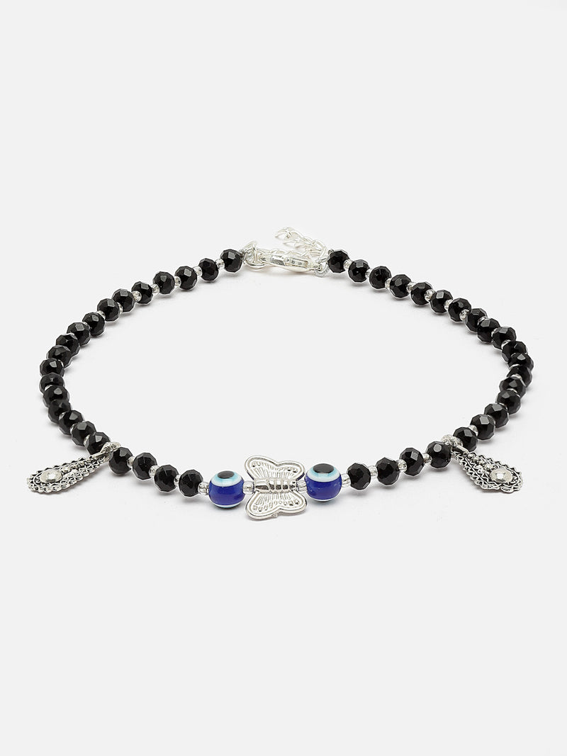 Silver-Plated Butterfly Shaped Black & Blue Artificial Stones Beaded Evil Eye Anklets