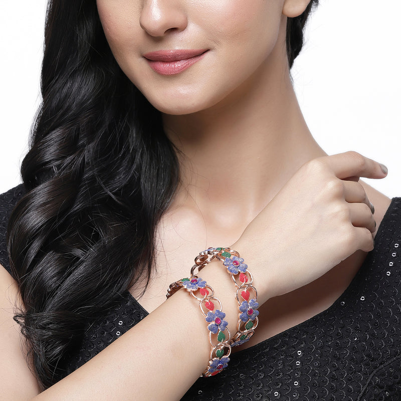 Set Of 2 Rose Gold-Plated American Diamond studded Multi-Colour Floral & Leaf Shaped Handcrafted Bangles