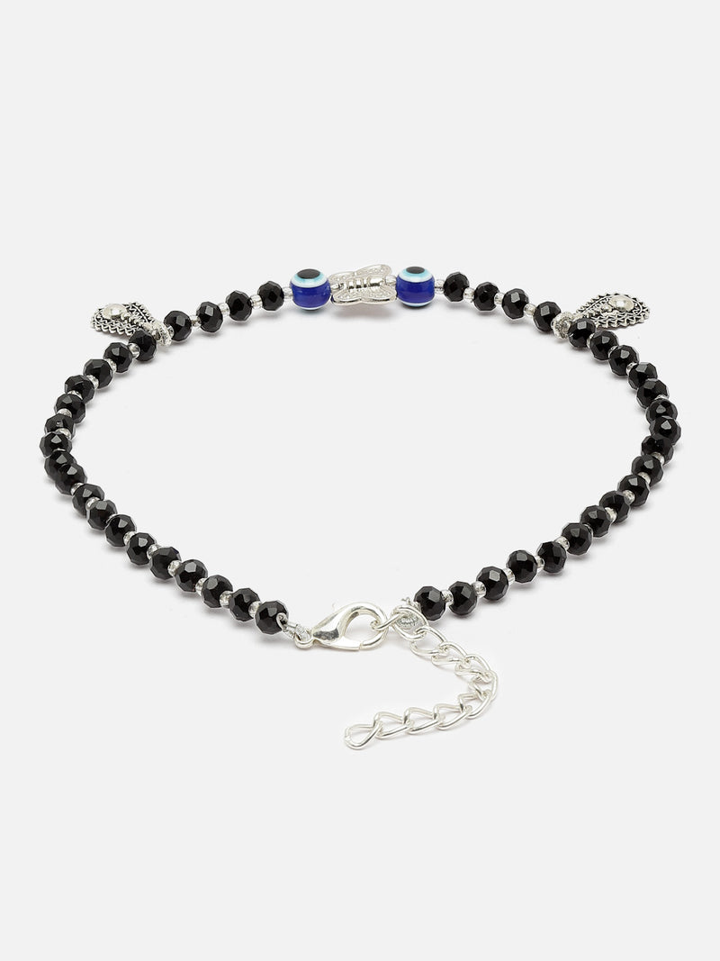 Silver-Plated Butterfly Shaped Black & Blue Artificial Stones Beaded Evil Eye Anklets