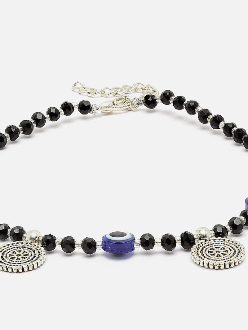 Silver-Plated Black & Blue Beaded Artificial Stones Evil Eye Anklets