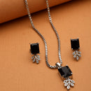 Rhodium-Plated Navy Blue American Diamond Studded Square & Leaf Shaped Pendant with Earrings Jewellery Set