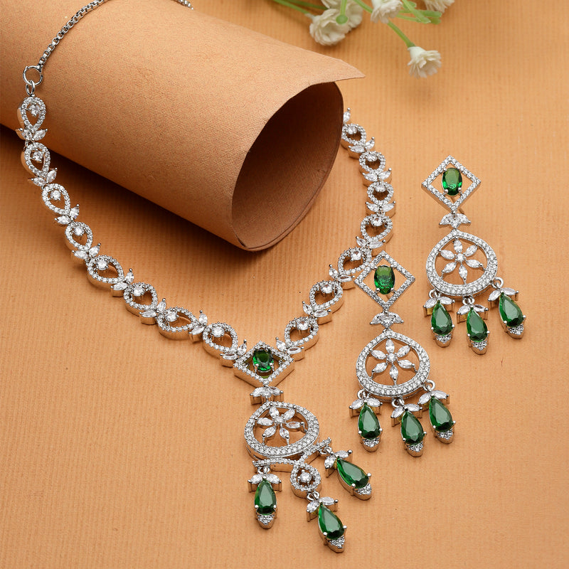 Rhodium-Plated Green Baguette Teardrops American Diamonds Studded Necklace & Earrings Jewellery Set