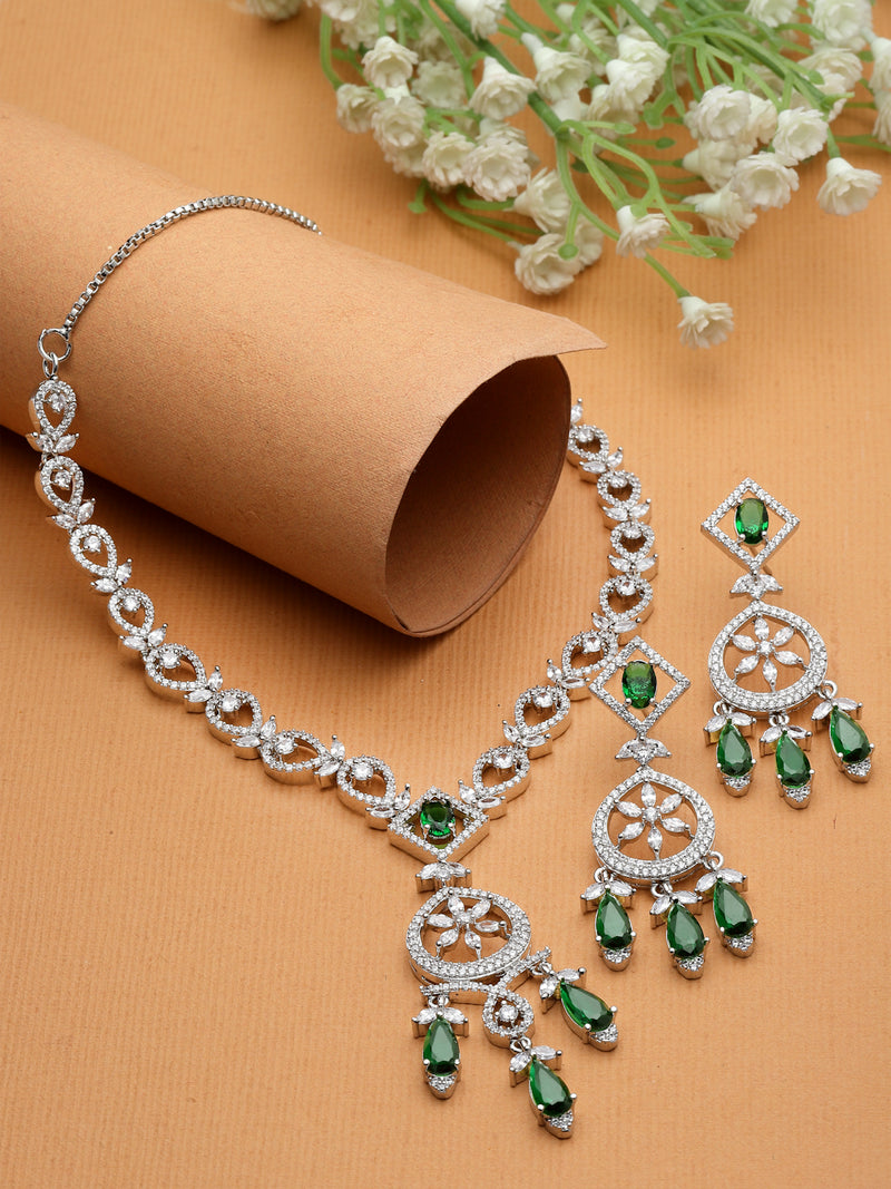 Rhodium-Plated Green Baguette Teardrops American Diamonds Studded Necklace & Earrings Jewellery Set