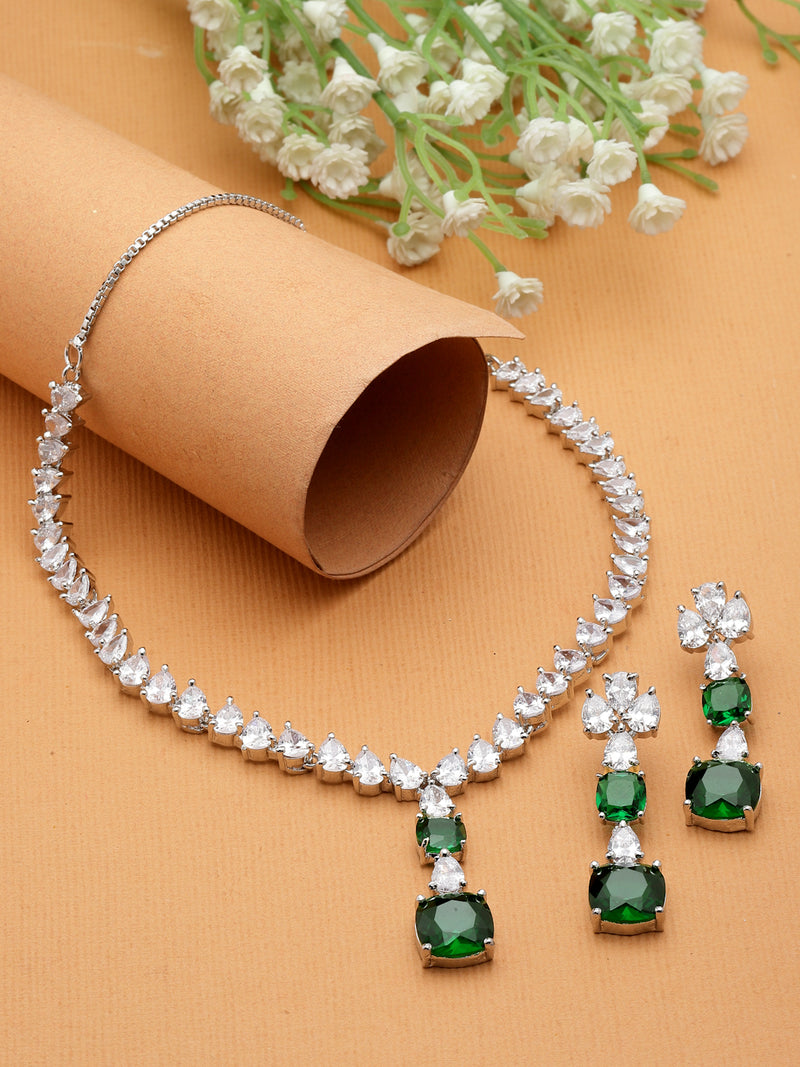 Rhodium-Plated Green Square American Diamonds Studded Pendulous Necklace & Earrings Jewellery Set