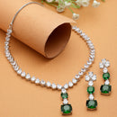 Rhodium-Plated Green Square American Diamonds Studded Pendulous Necklace & Earrings Jewellery Set