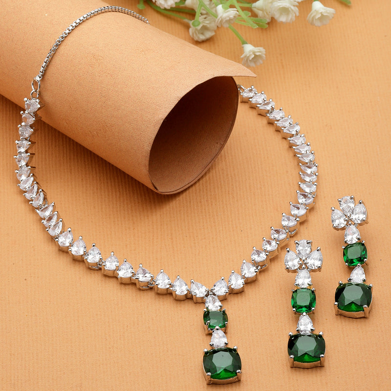 Rhodium-Plated Green Square American Diamonds Studded Pendulous Necklace & Earrings Jewellery Set