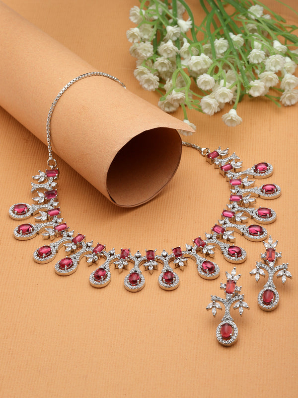 Rhodium-Plated Red American Diamond Studded Designer Necklace & Earrings Jewellery Set