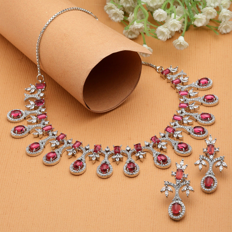 Rhodium-Plated Red American Diamond Studded Designer Necklace & Earrings Jewellery Set