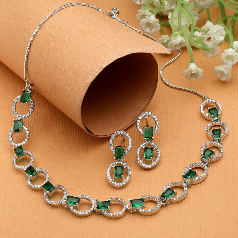 Rhodium-Plated Green American Diamond Studded Disc-Shaped Necklace & Earrings Jewellery Set