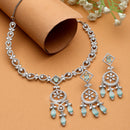 Rhodium-Plated Sea Green Baguette Teardrops American Diamonds Studded Necklace & Earrings Jewellery Set