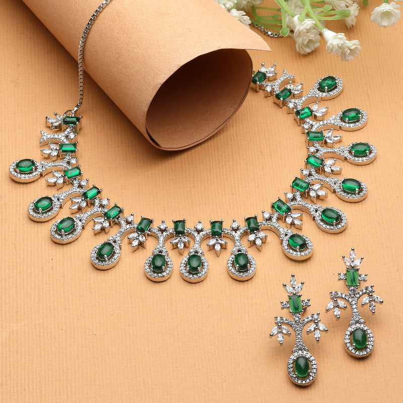 Rhodium-Plated Green American Diamond Studded Designer Necklace & Earrings Jewellery Set
