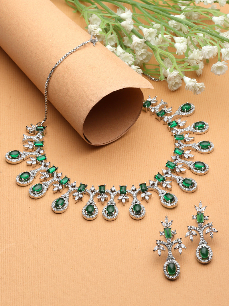 Rhodium-Plated Green American Diamond Studded Designer Necklace & Earrings Jewellery Set