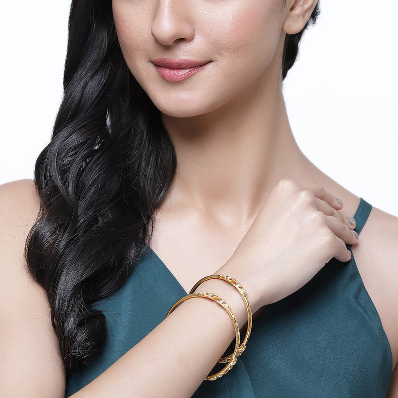 Set Of 2 Gold-Plated Red American Diamond studded Flower Shaped Bangles