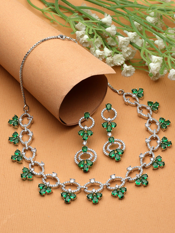 Rhodium-Plated Green Oval American Diamond Studded Circular Shaped Necklace & Earrings Jewellery Set