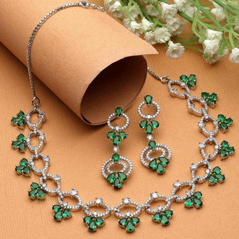 Rhodium-Plated Green Oval American Diamond Studded Circular Shaped Necklace & Earrings Jewellery Set