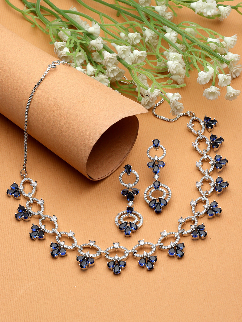 Rhodium-Plated Navy Blue Oval American Diamond Studded Circular Shaped Necklace & Earrings Jewellery Set