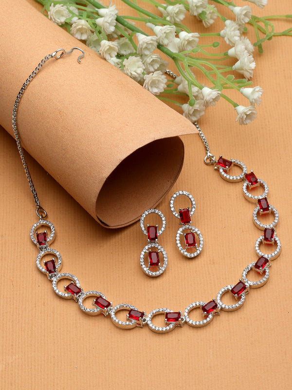 Rhodium-Plated Red American Diamond Studded Disc-Shaped Necklace & Earrings Jewellery Set