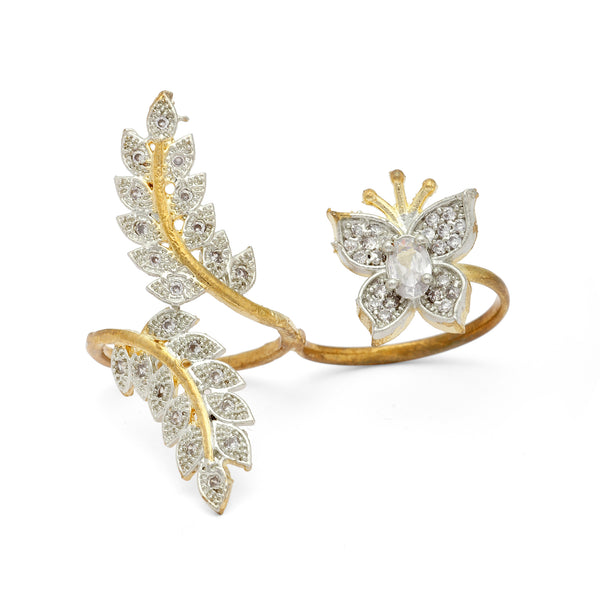 Gold-Plated  Butterfly & Leaf Shaped White Cubic Zirconia Studded  Ring