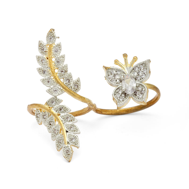 Gold-Plated  Butterfly & Leaf Shaped White Cubic Zirconia Studded  Ring