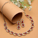 Rhodium-Plated Red American Diamond Studded Disc-Shaped Necklace & Earrings Jewellery Set