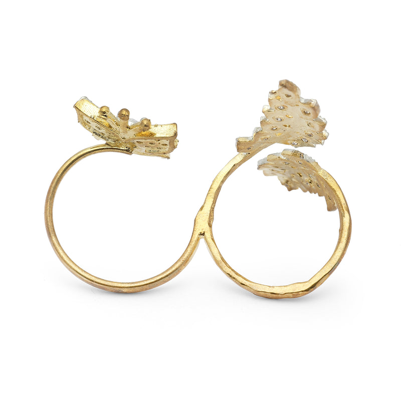 Gold-Plated  Butterfly & Leaf Shaped White Cubic Zirconia Studded  Ring