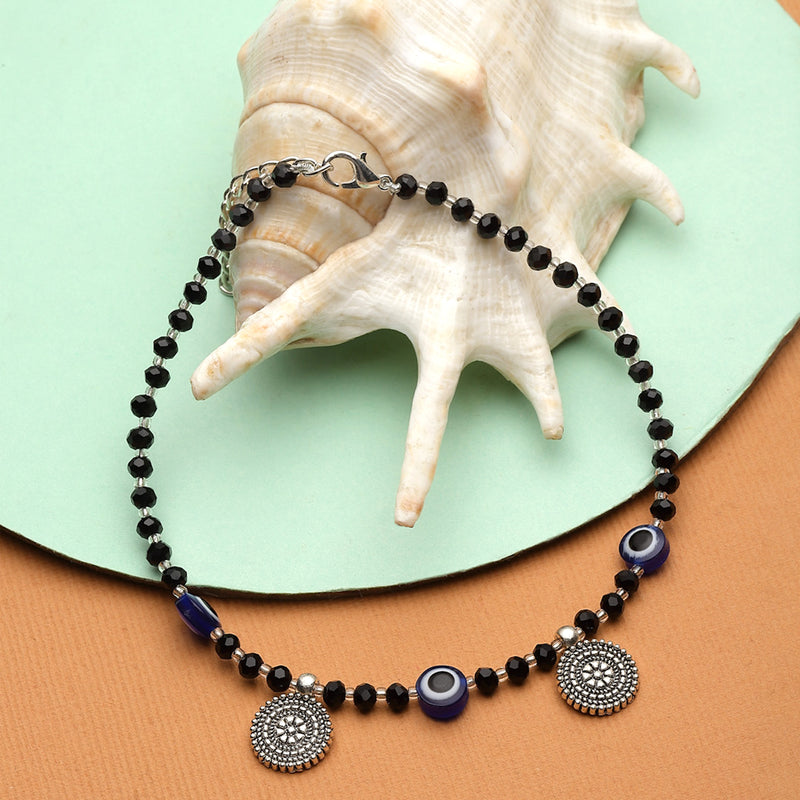 Rhodium Plated Silver Toned White Cubic Zirconia Stone Evil Eye Studded Charm Anklets