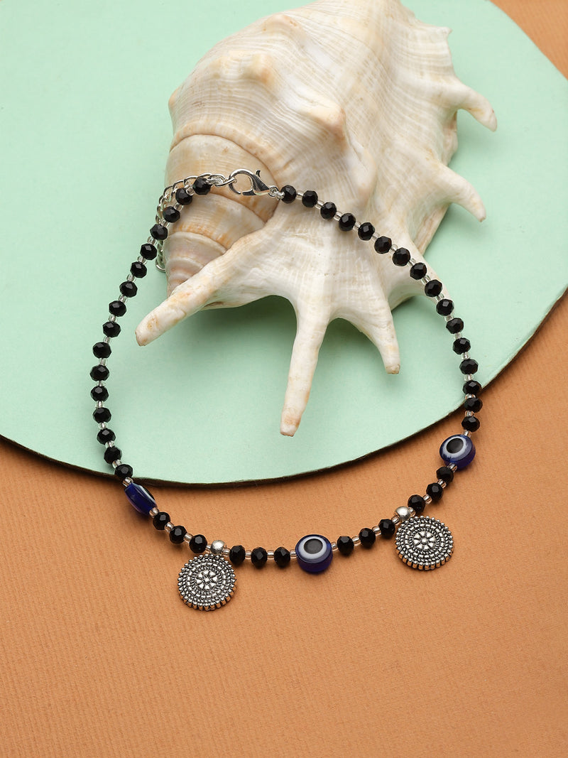 Silver-Plated Black & Blue Beaded Artificial Stones Evil Eye Anklets