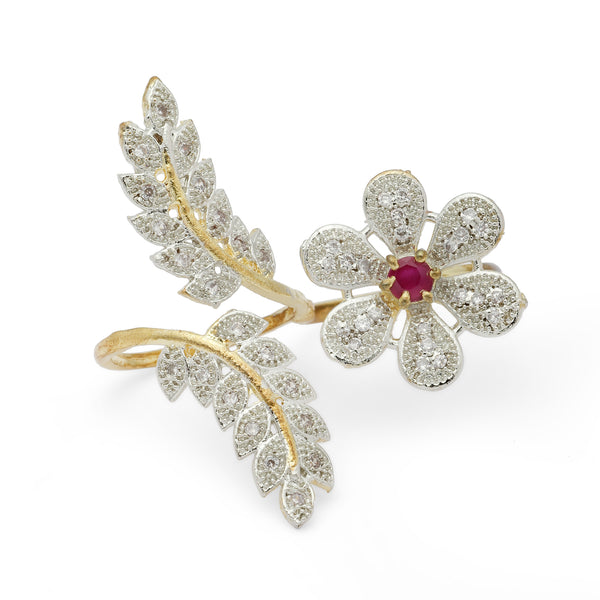 Gold-Plated Flower & Leaf Shaped Pink Cubic Zirconia Studded  Ring