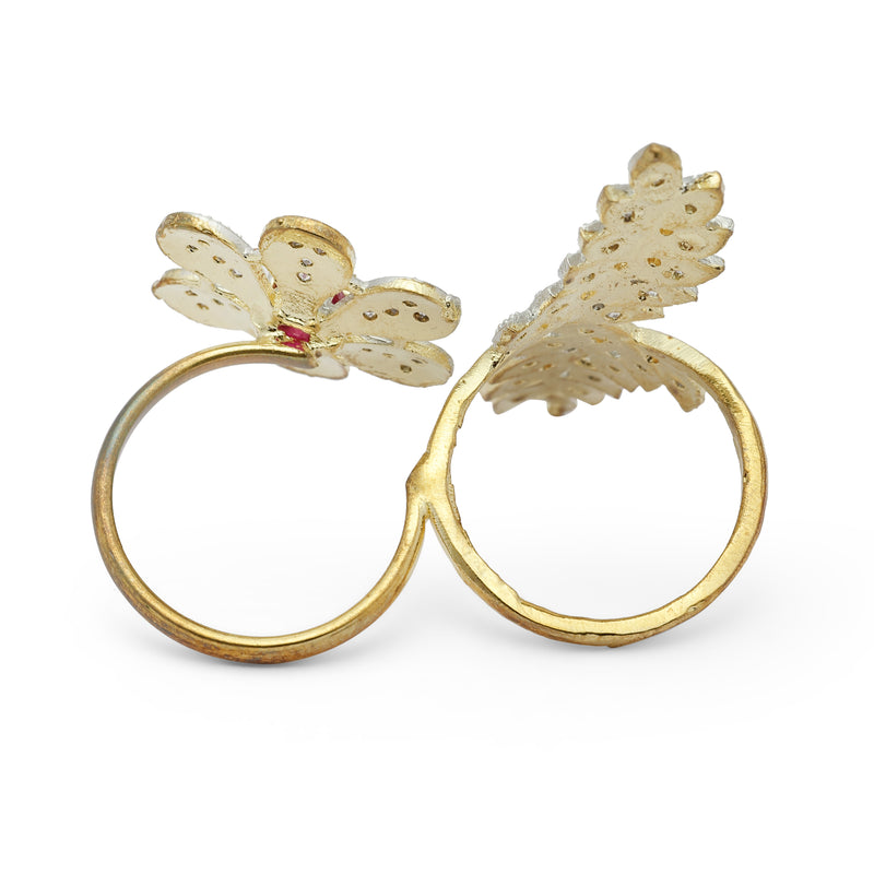 Gold-Plated Flower & Leaf Shaped Pink Cubic Zirconia Studded  Ring
