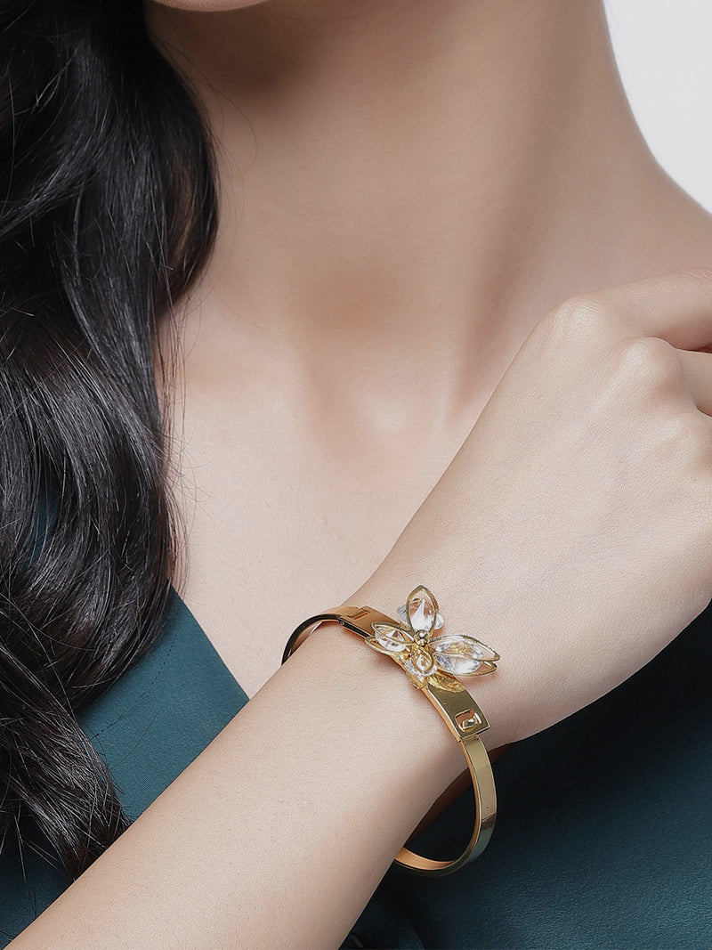 Gold Plated Minimal Design Butterfly & Drop CZ Studded Cuff Bracelet Set of 2