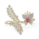 Gold-Plated  Butterfly & Leaf Shaped Pink Cubic Zirconia Studded  Ring